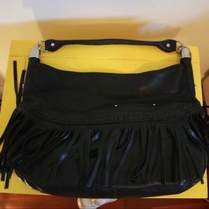 makowsky black leather fringe shoulder purse